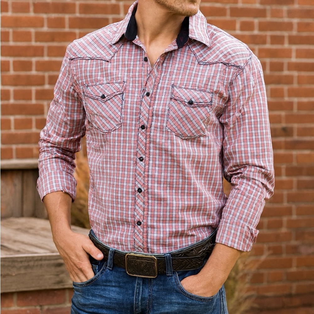 Cowboy Up Country Western Men’s Large Red Plaid Long sleeve Snap Shirt